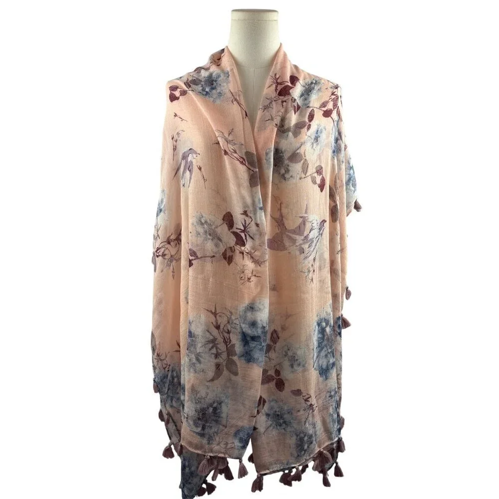 Hinge Floral Tassel Scarf Shawl Wrap Lightweight Pink & Blue Elegant Womens Acce